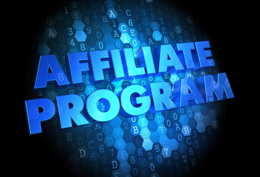 Affiliate program in blue words on top of binary text.